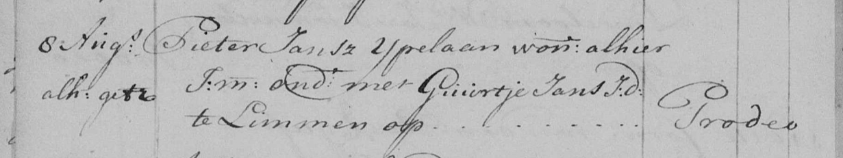 Huwelijksinschrijving Impost Pieter IJpelaan en Guertje Jans, 1750
