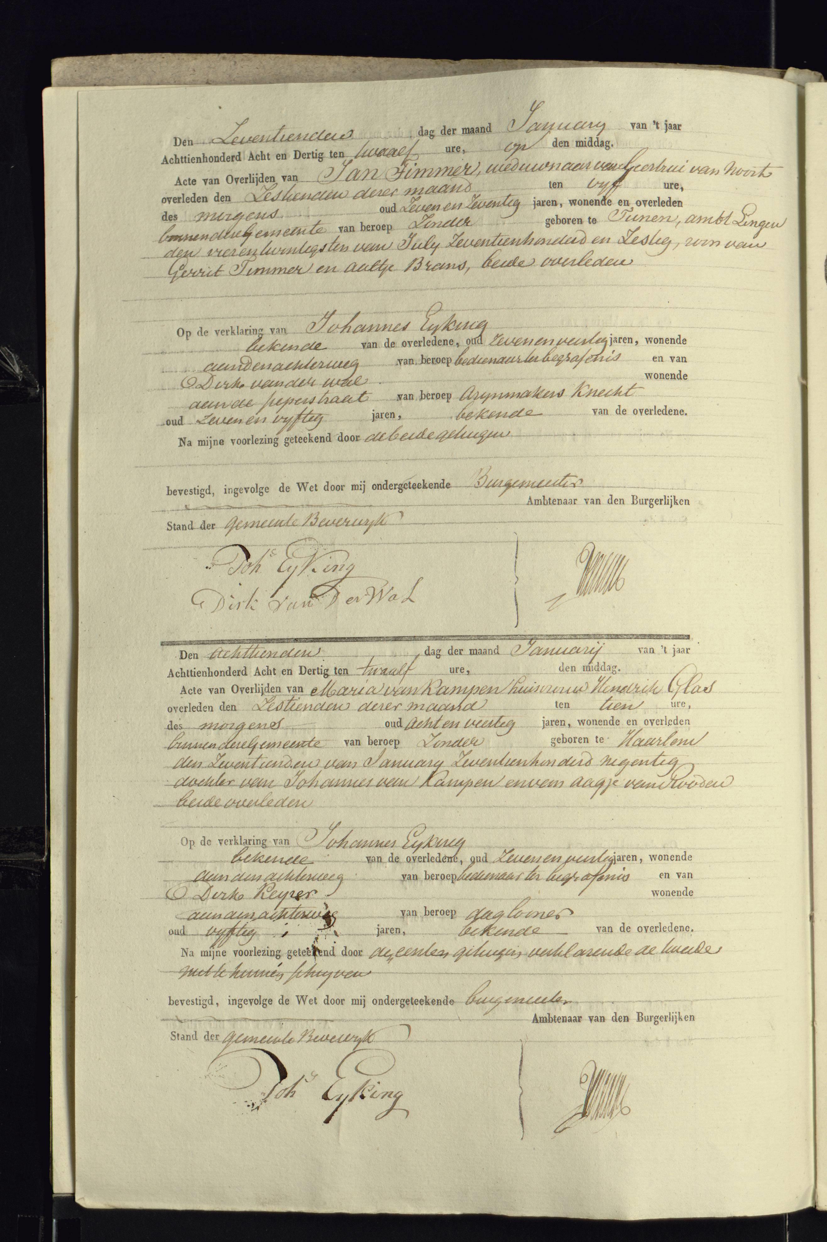 Overlijdensinschrijving Jan Timmer, 1838