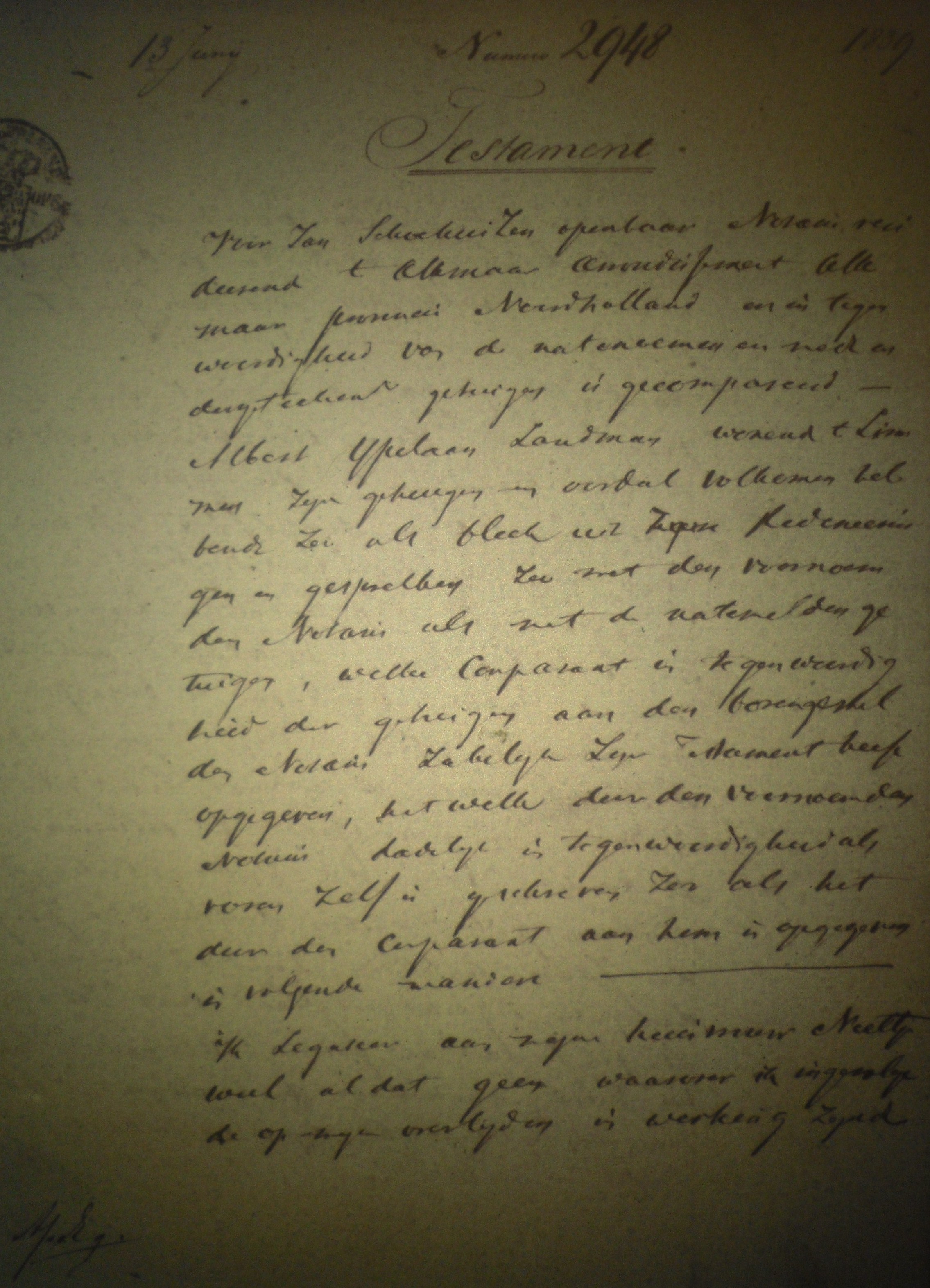 Testament Albert IJpelaan en Neeltje Weel, Limmen 1839, blz. 1