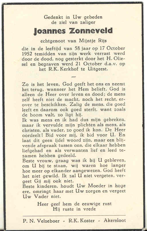 Bidprentje Jan Zonneveld