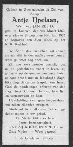 Bidprentje Antje IJpelaan