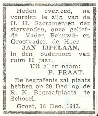 Overlijdensadvertentie Jan IJpelaan
