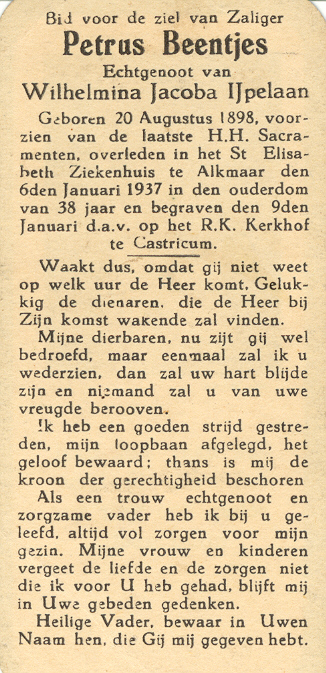 Bidprentje Piet Beentjes