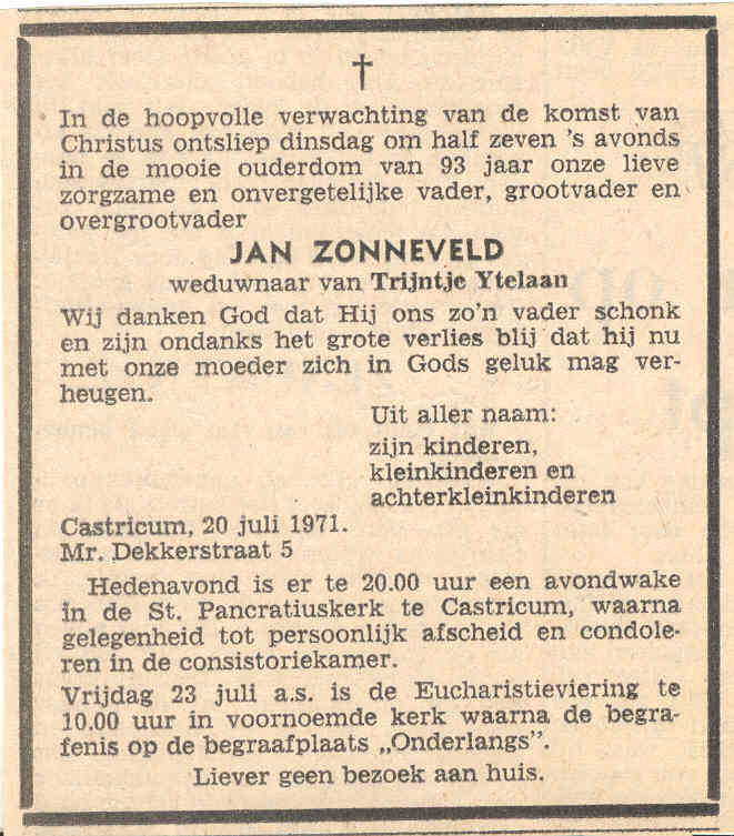 Rouwadvertentie Jan Zonneveld