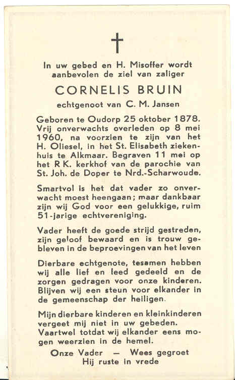 Bidprentje van de vader van Gert Bruin