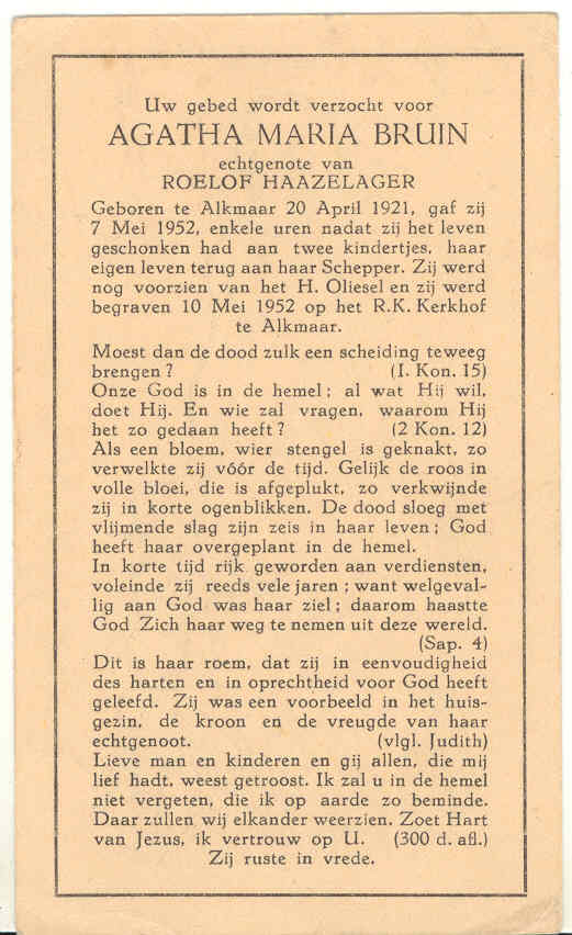 Bidprentje van een zuster van Gert Bruin